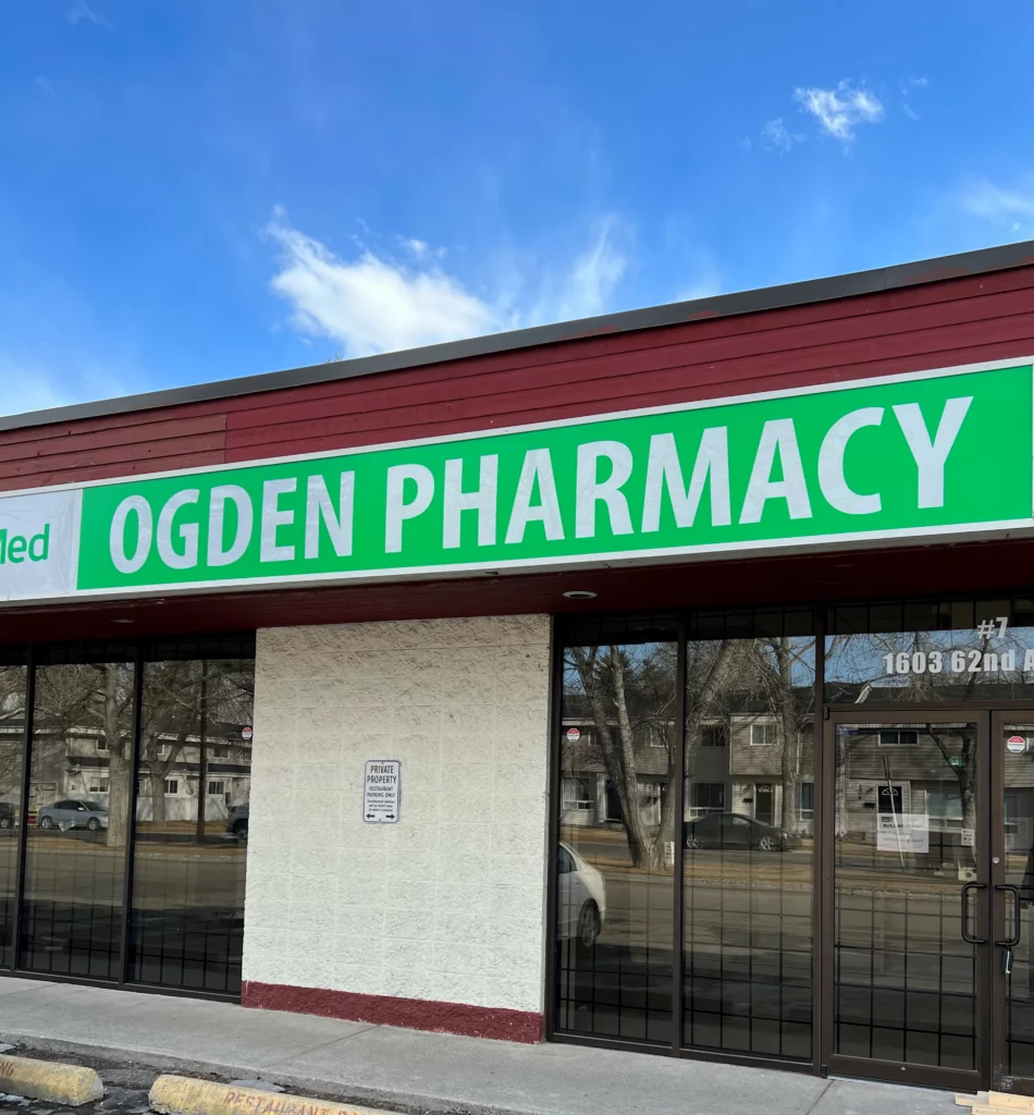 The exterior sign of Ogden Pharmacy that is located in Calgary, Alberta, Canada.